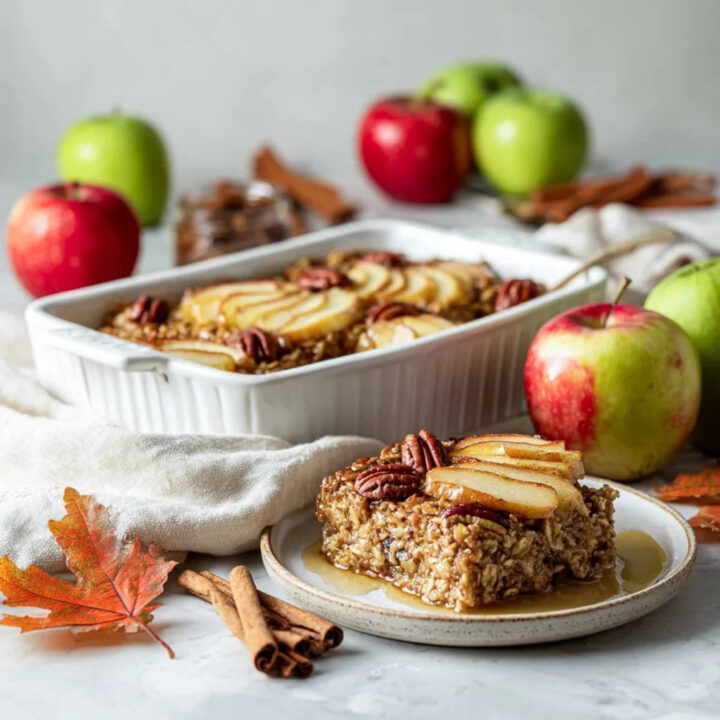 Baked apple and pecan oatmeal in a white dish, with a slice on a plate, surrounded by fresh apples, cinnamon sticks, and autumn leaves.