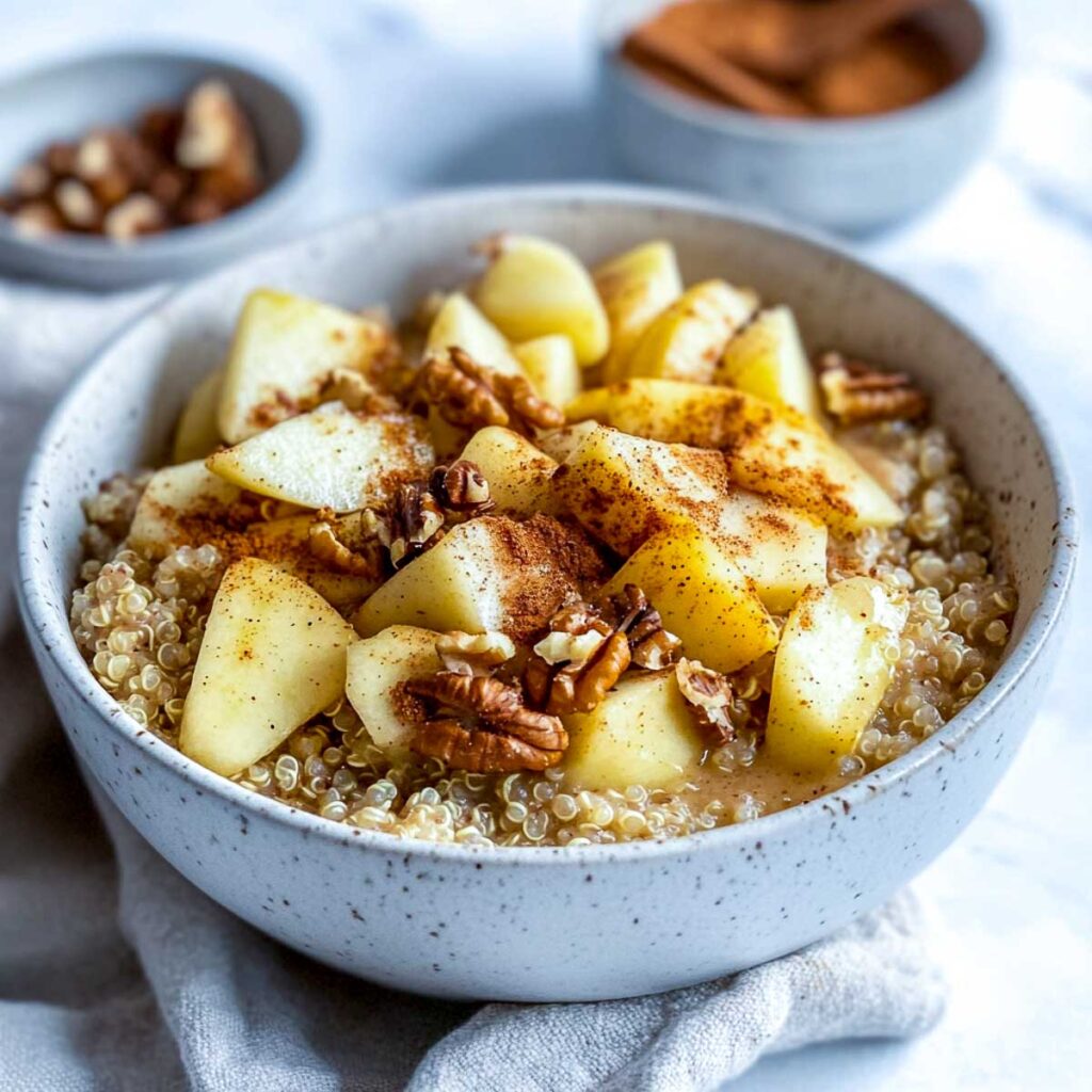Apple cinnamon quinoa bowl on a white marble surface.