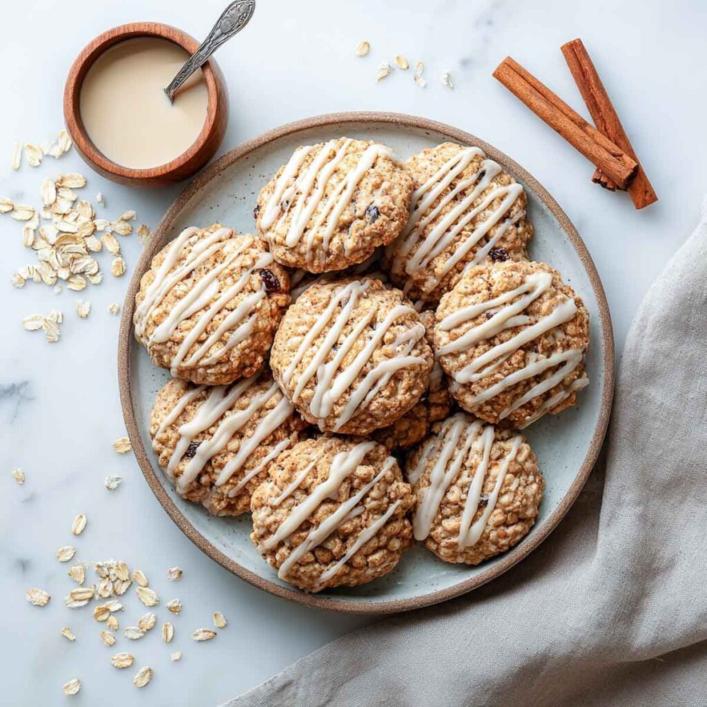 Overhead shot of a plate of apple oatmeal raisin cookies drizzled with white icing, next to a small wooden bowl of glaze, cinnamon sticks, and scattered oats.