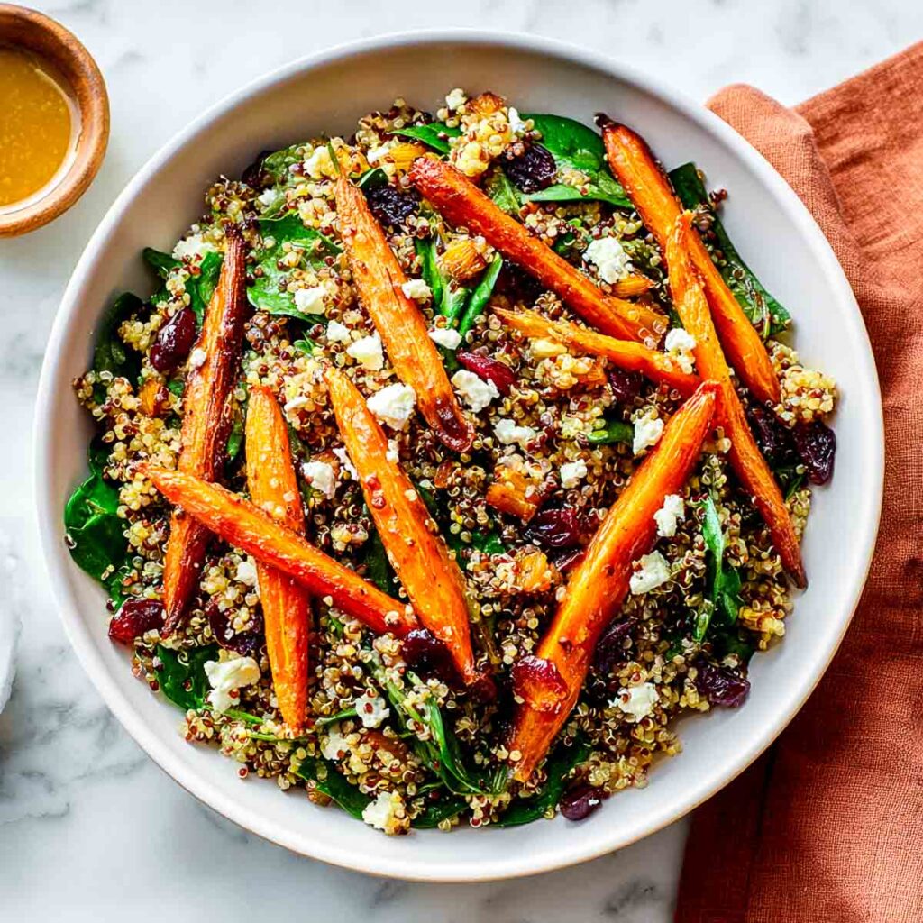 A white bowl with quinoa and roasted carrot salad placed on a marble surface.