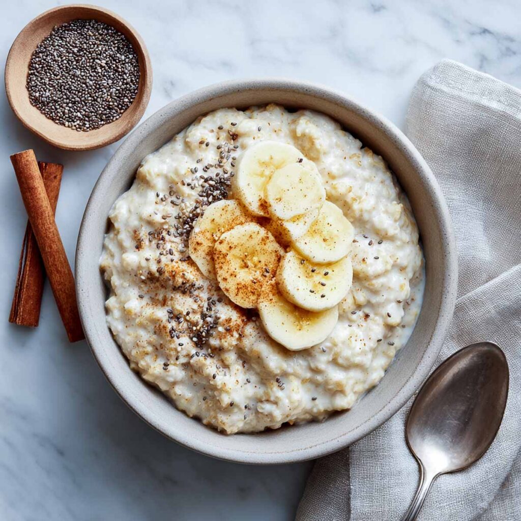 An overhead shot of a bowl of creamy oatmeal topped with sliced bananas, chia seeds, and cinnamon, with a small bowl of seeds and cinnamon sticks on the side.