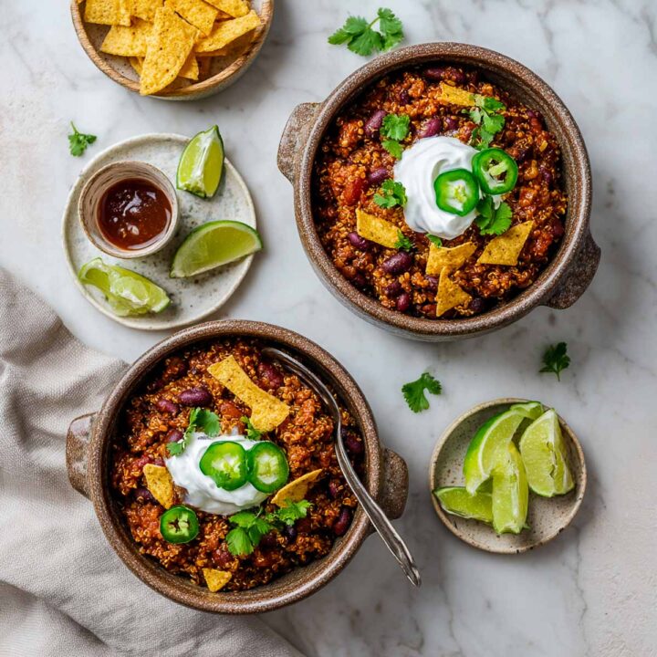 An overhead view of two rustic ceramic bowls filled with a BBQ bean and quinoa bake (or chili), each topped with a dollop of sour cream or yogurt, sliced jalapeños, crumbled tortilla chips, and fresh cilantro. The bowls are surrounded by lime wedges, a small dish of BBQ sauce, and a bowl of whole tortilla chips.