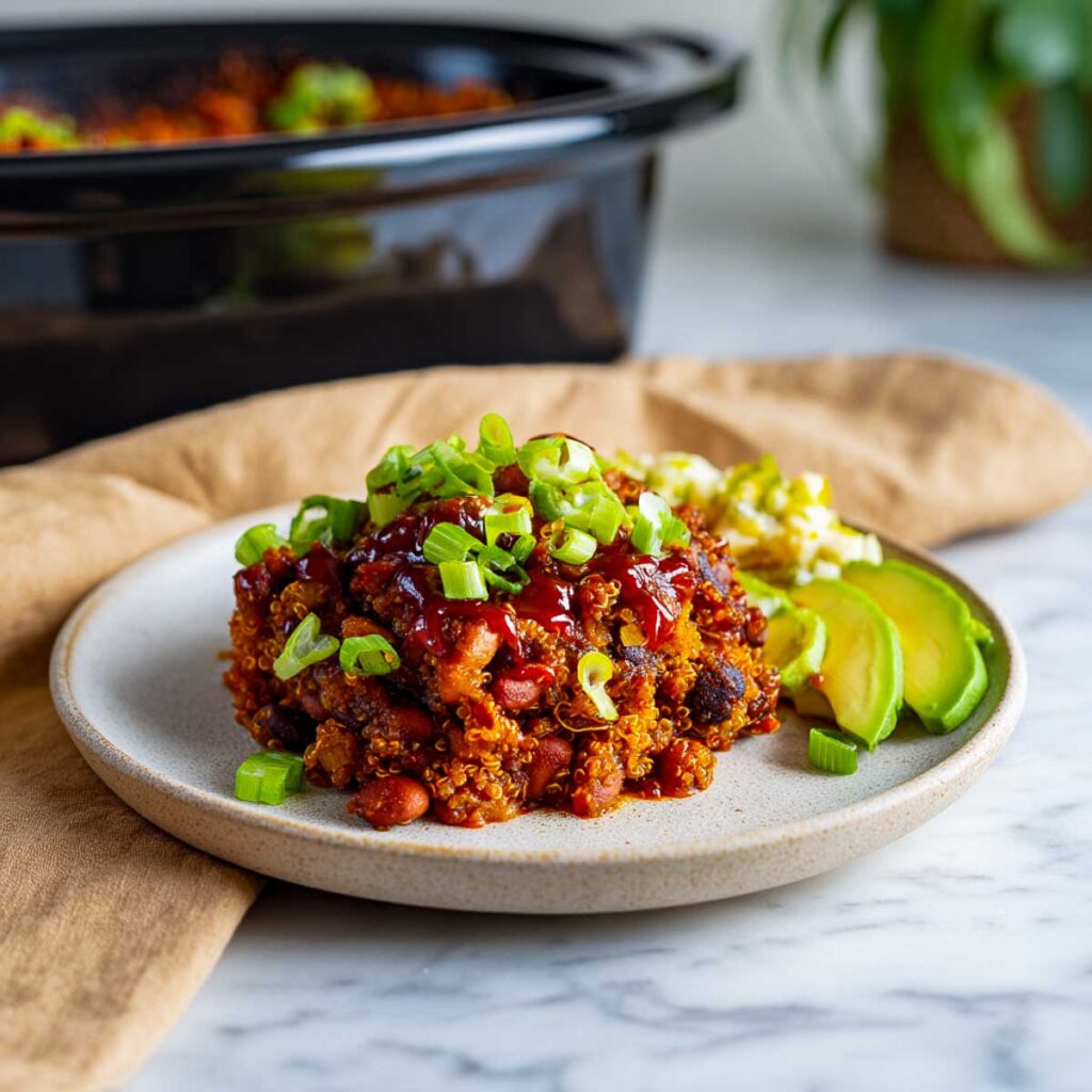 BBQ bean and quinoa bake served on a white plate.