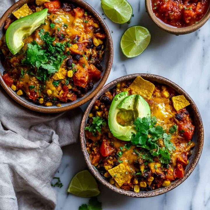 An overhead view of two bowls of black bean and corn enchilada casserole topped with melted cheddar cheese, sliced avocado, cilantro, and crumbled tortilla chips. The bowls are served on a marble surface with lime wedges and a side of salsa.