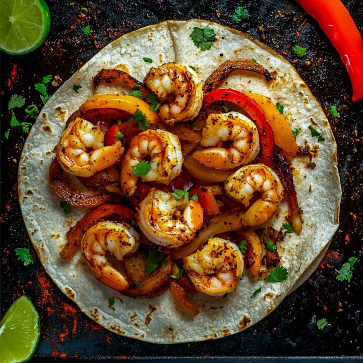 An overhead close-up of a corn or flour tortilla piled high with seasoned, grilled shrimp, sautéed red and yellow bell pepper strips, and onions, garnished with chopped cilantro. The wrap is resting on a dark surface dusted with chili powder, with a lime wedge and a red chili pepper on either side.