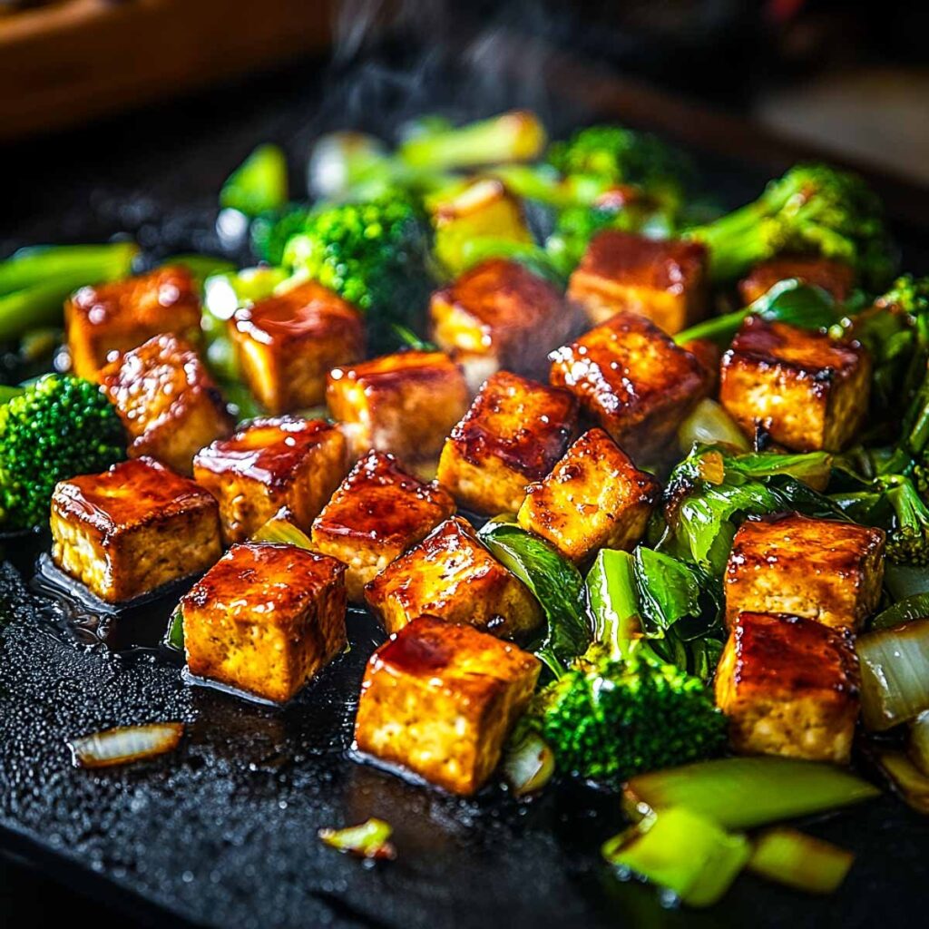 A close-up of golden-brown cubes of teriyaki tofu and bright green broccoli sizzling on a dark, flat-top griddle, with steam rising from the dish.