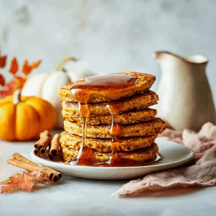 A tall stack of pumpkin oatmeal pancakes with syrup dripping down the sides, surrounded by small pumpkins, cinnamon sticks, and autumn leaves.