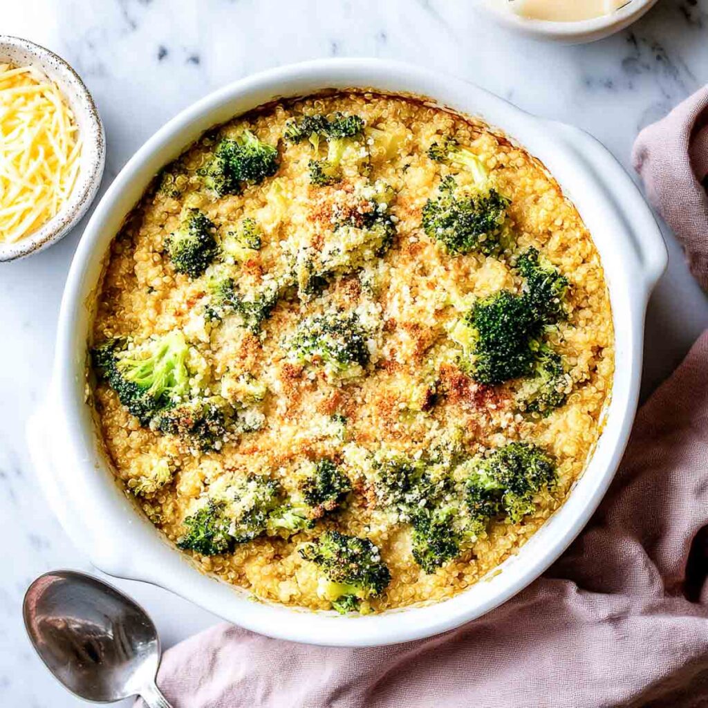An overhead shot of a golden-baked broccoli and quinoa casserole in a white oval dish, with a small bowl of shredded cheese on the side.