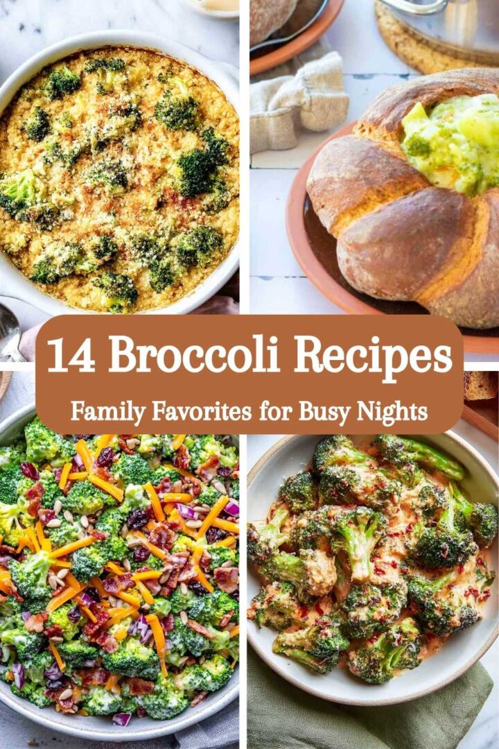 A four-image collage of broccoli recipes.
