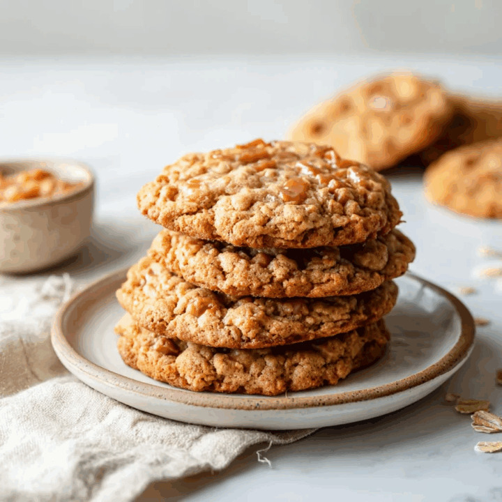 A stack of four oatmeal toffee cookies on a speckled plate, with a small bowl of toffee bits and more cookies in the background.