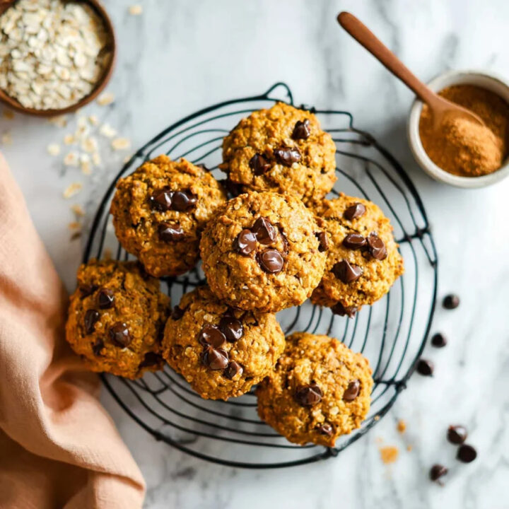 An overhead shot of pumpkin oatmeal chocolate chip cookies stacked on a black wire cooling rack, surrounded by bowls of oats and spices.