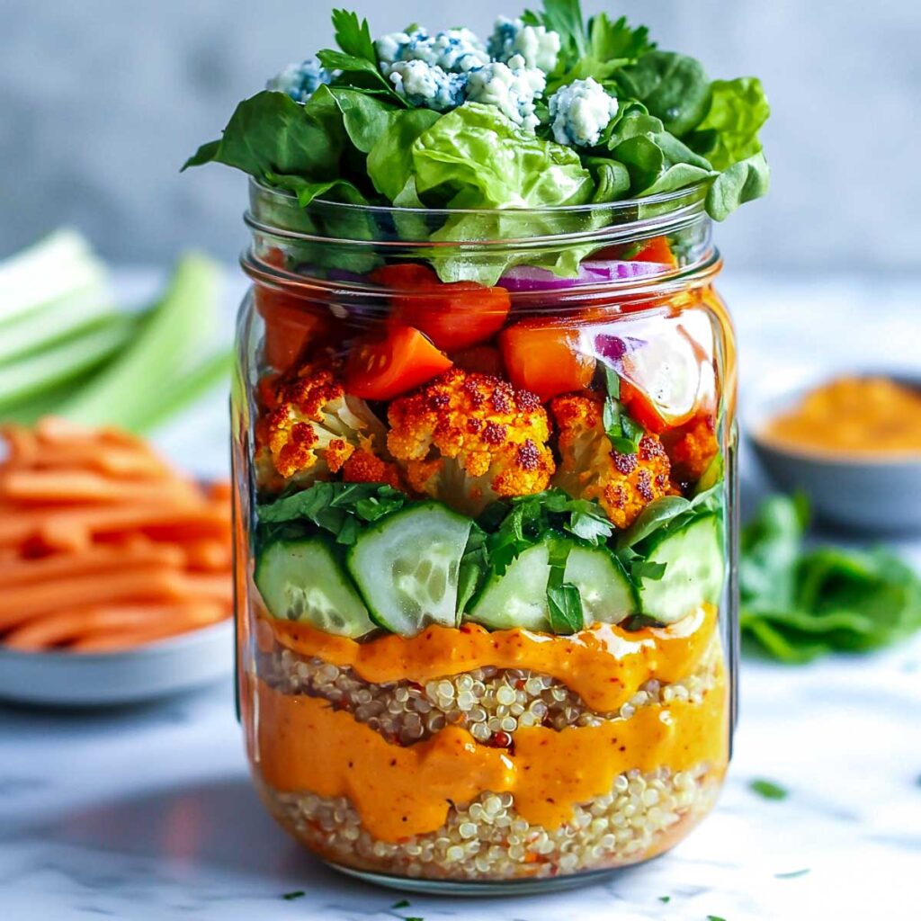 Buffalo cauliflower quinoa mason jars for meal prep.