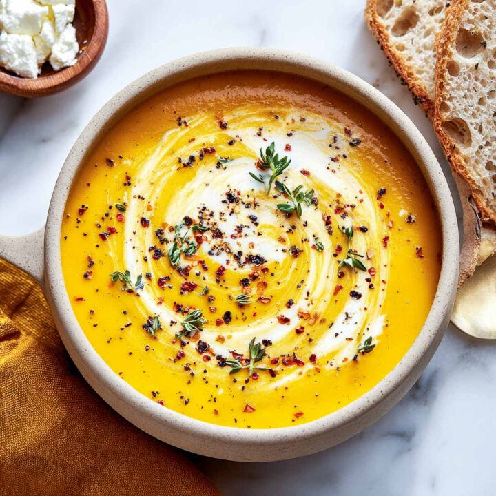 A bowl of vibrant orange, creamy butternut squash soup, garnished with a swirl of cream, sprigs of fresh thyme, and red pepper flakes. 