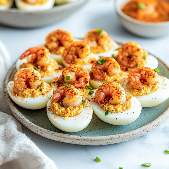 Shrimp deviled eggs on a grey plate placed on a marble surface.