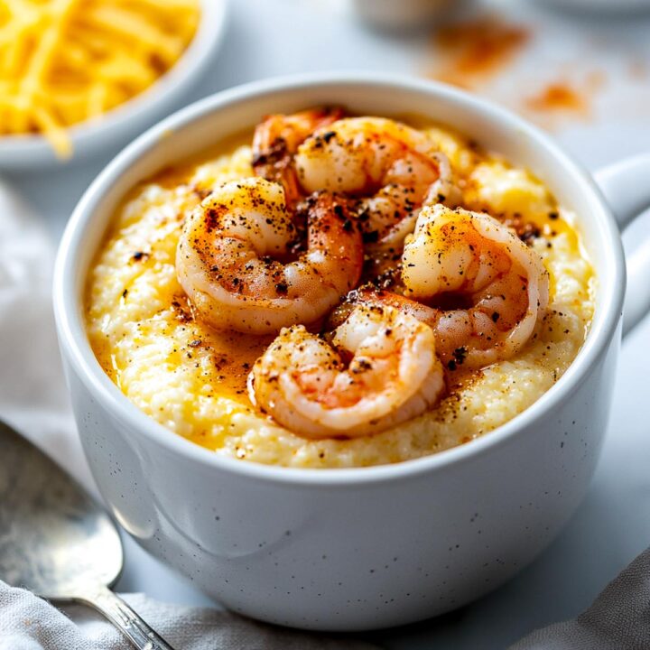 A close-up of a white mug filled with creamy, yellow cheesy grits, topped with four seasoned, cooked shrimp, drizzled with butter or sauce, and heavily sprinkled with black pepper and Cajun spices.