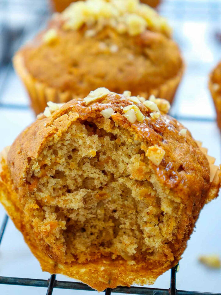 A carrot cake muffin bite to show the interiors.