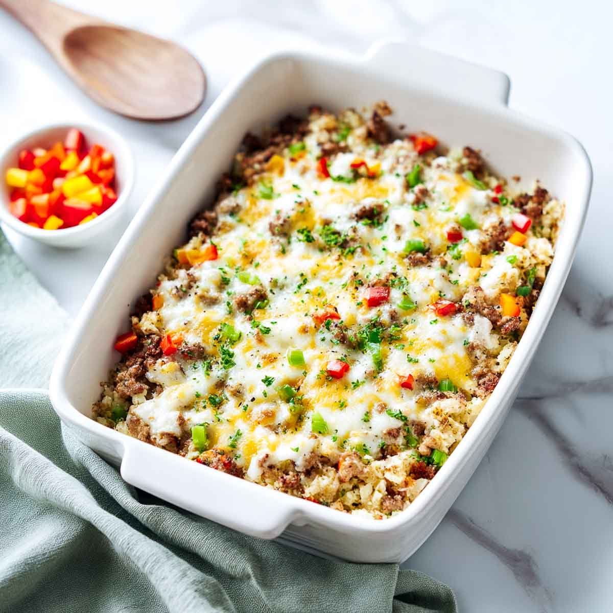 A close-up of a cauliflower rice casserole with ground meat, baked in a white rectangular dish and topped with bubbly melted cheese, fresh parsley, and diced colorful bell peppers.