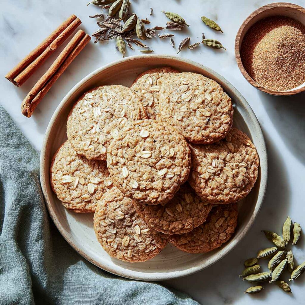 An overhead shot of chai-spiced oatmeal cookies on a plate, surrounded by whole cinnamon sticks and cardamom pods.