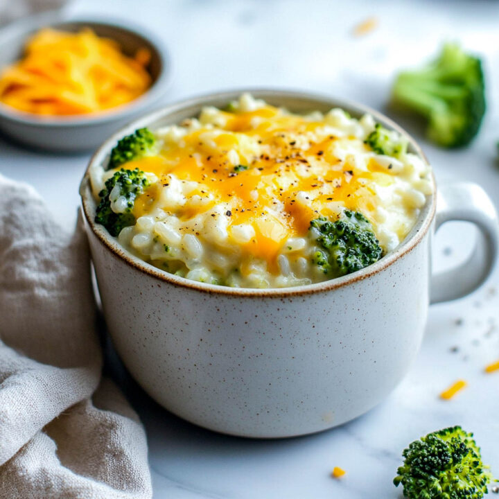 A close-up of a large speckled mug filled with a creamy broccoli and rice casserole, topped with melted cheddar cheese and black pepper, with a bowl of cheese in the background.