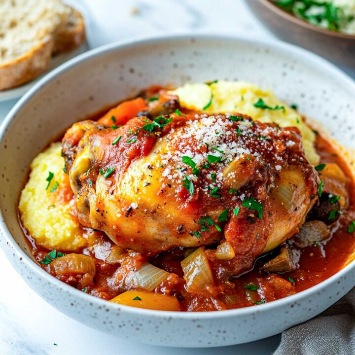 Chicken and mushroom cacciatore in a white bowl.