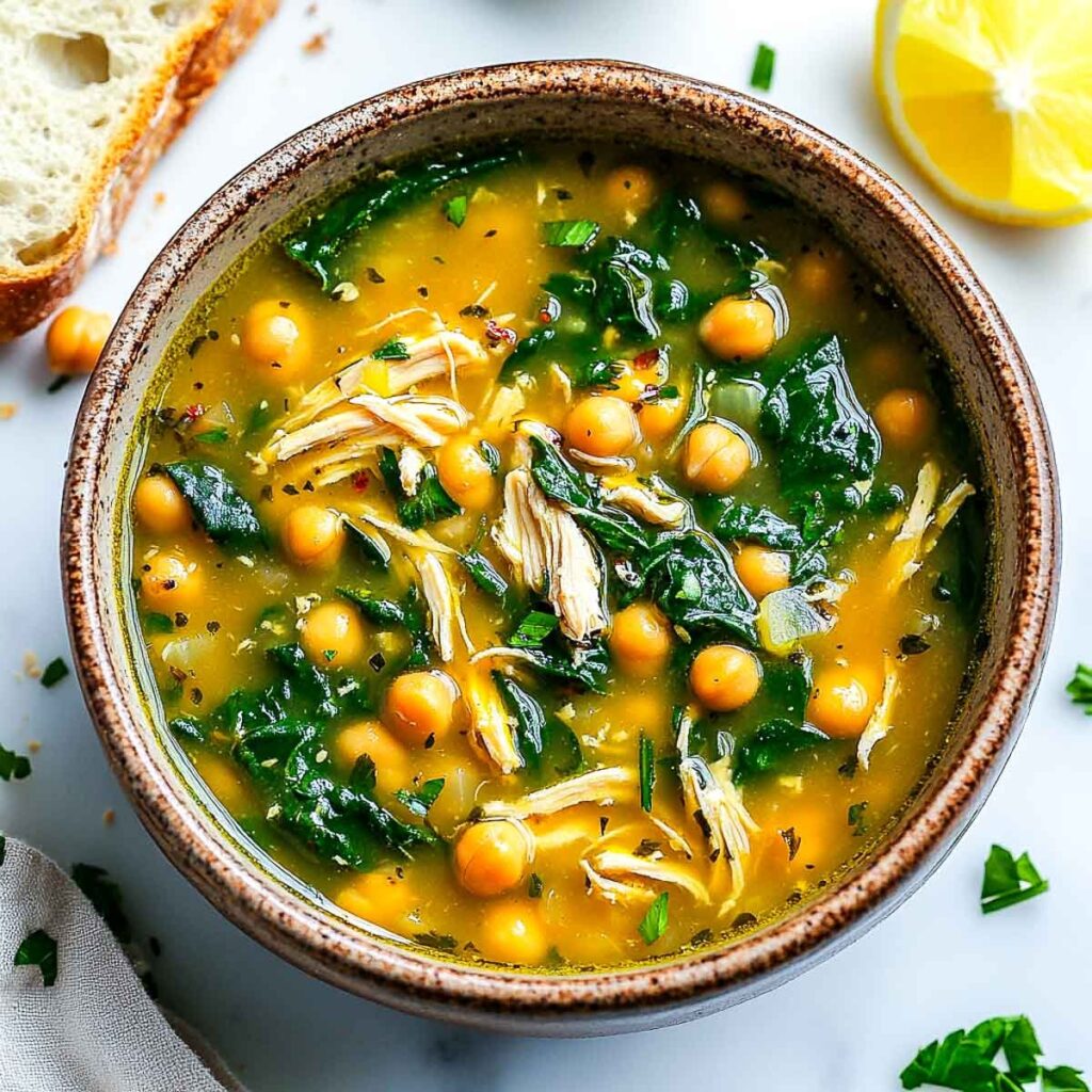 An overhead shot of a rustic bowl of hearty chicken, chickpea, and spinach soup, served with a slice of crusty bread and a lemon wedge on the side.