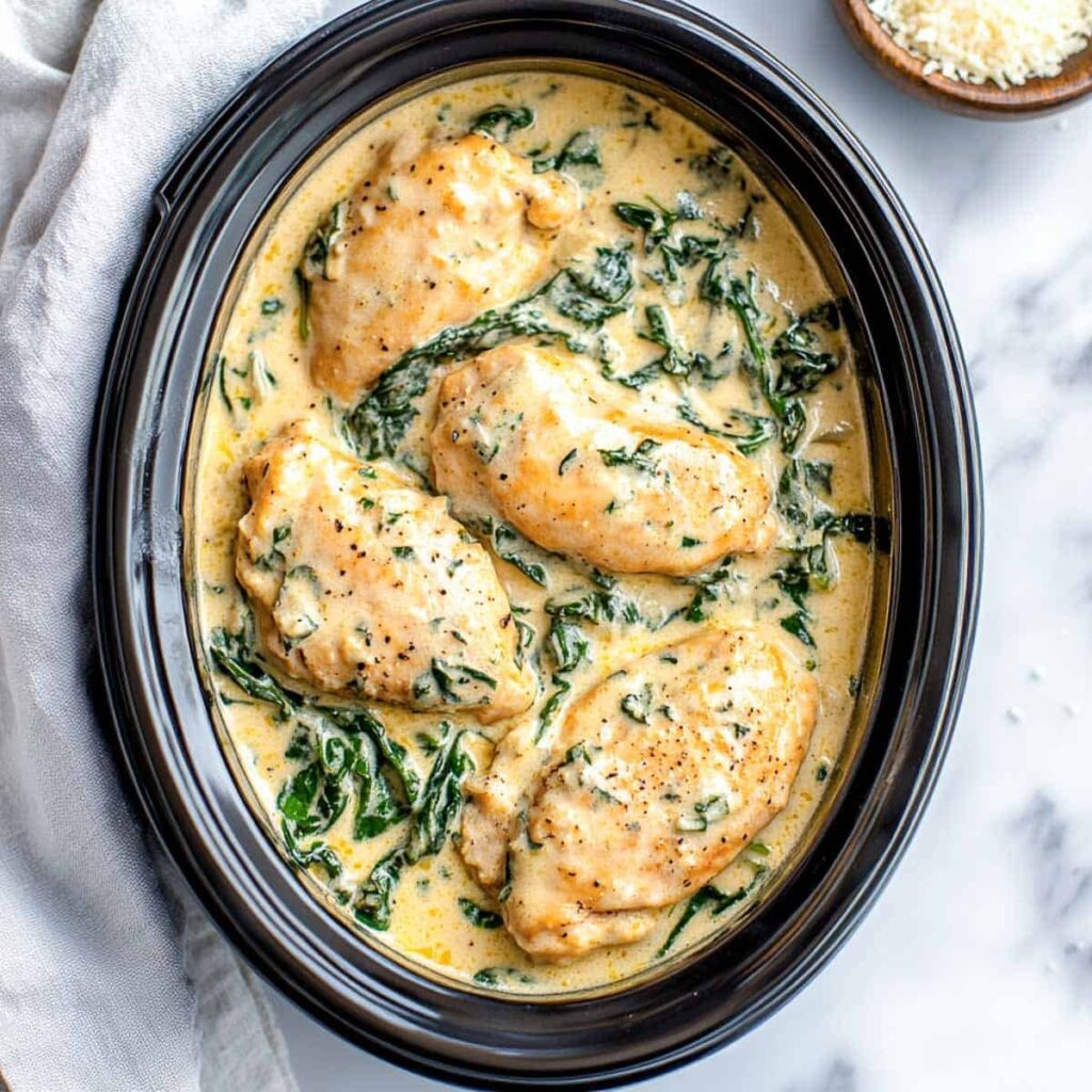 An overhead shot of chicken Florentine in the black ceramic insert of a slow cooker, featuring four chicken breasts in a creamy sauce with wilted spinach.