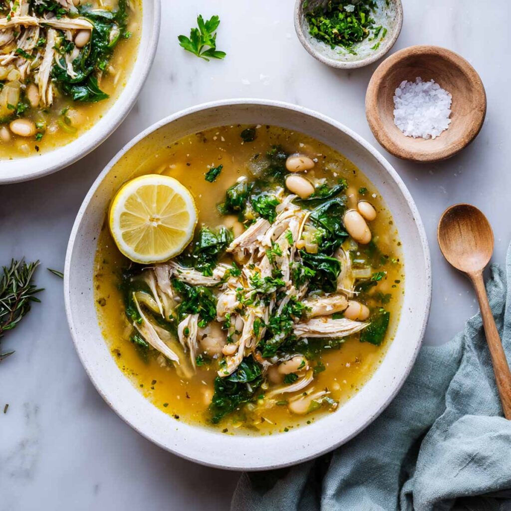An overhead shot of a rustic bowl of chicken, white bean, and spinach soup, garnished with fresh parsley and a slice of lemon.