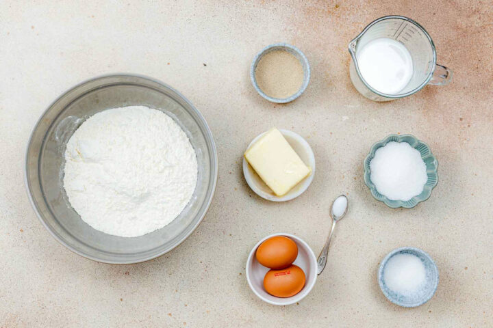 Ingredients of babka on a beige surface.