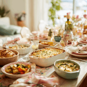 Bright homestyle table filled with casseroles, bread, and vegetables, surrounded by soft light, flowers, and blurred people in the background, creating a cozy celebratory mood.