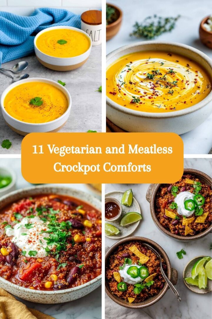 This image is a four-panel food collage featuring vegetarian and meatless crockpot recipes, overlaid with an orange banner displaying the text "11 Vegetarian and Meatless Crockpot Comforts"; the panels feature (clockwise from top left) two bowls of smooth orange soup (likely squash or pumpkin) with seasonings, a close-up of the same orange soup garnished with a cream swirl and herbs, a pair of bowls filled with dark, hearty chili topped with sour cream, jalapeños, and chips, and a close-up shot of the chili topped with sour cream and cilantro.