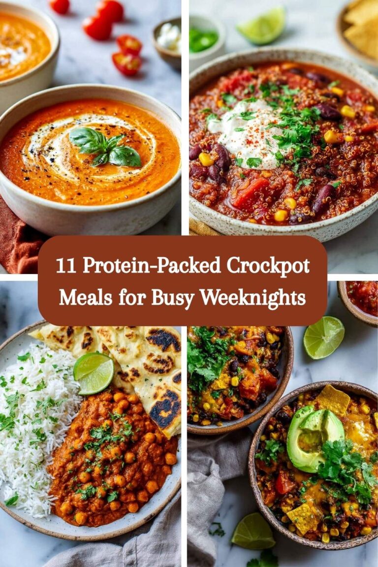 This image is a four-panel food collage featuring protein-packed crockpot meals, overlaid with a brown banner displaying the text "11 Protein-Packed Crockpot Meals for Busy Weeknights"; the panels feature (clockwise from top left) a bowl of creamy tomato soup with a cream swirl and basil leaf, a hearty chili with beans, corn, and quinoa topped with sour cream and cilantro, a bowl of chili topped with avocado and tortilla chips, and a plate of chickpea curry (chana masala) served with white rice, naan bread, and a lime wedge.