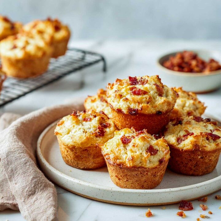 Cottage cheese bacon muffins on a white plate.