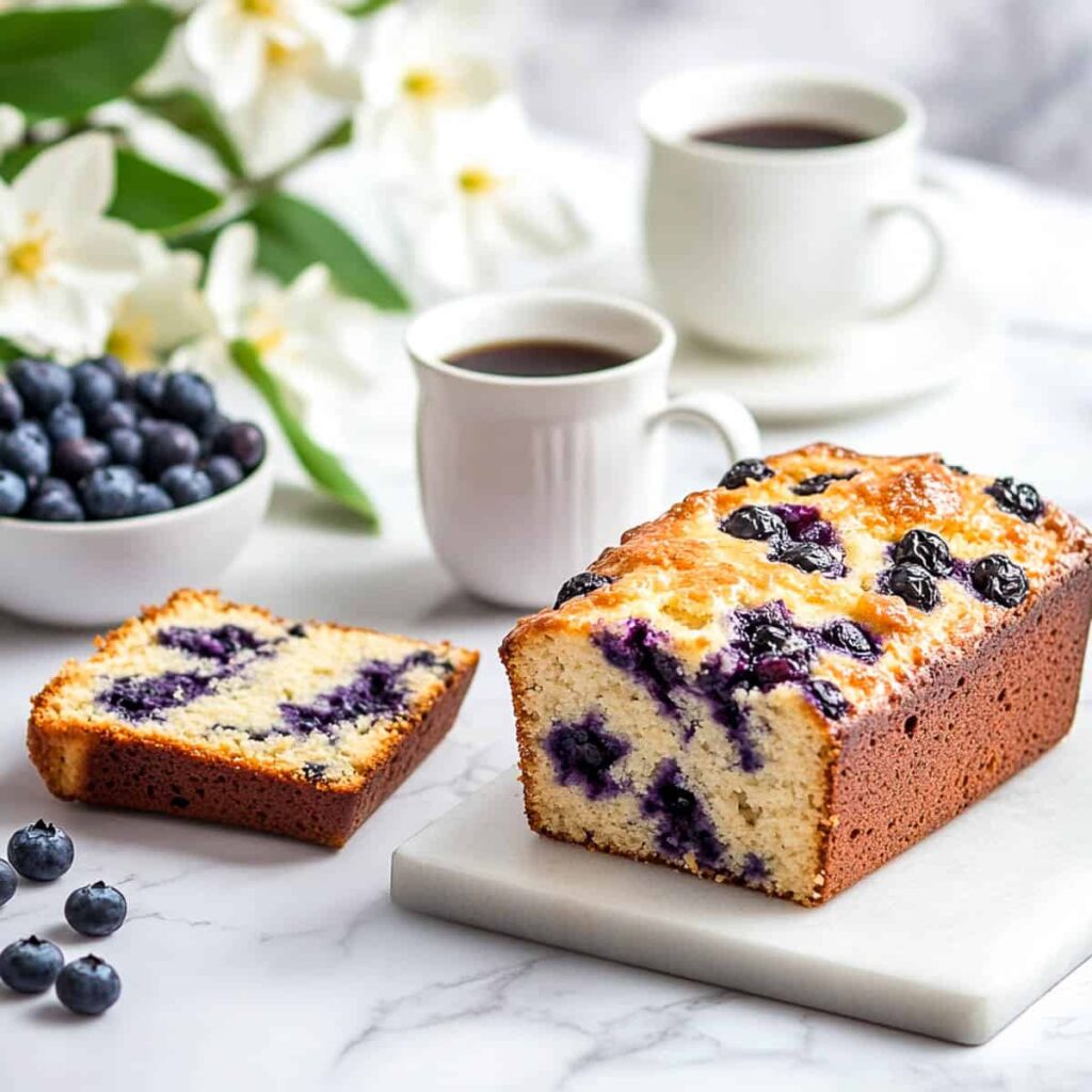 A blueberry loaf cake presented on a marble board with one slice cut, surrounded by a bowl of fresh blueberries, two cups of coffee, and white flowers.