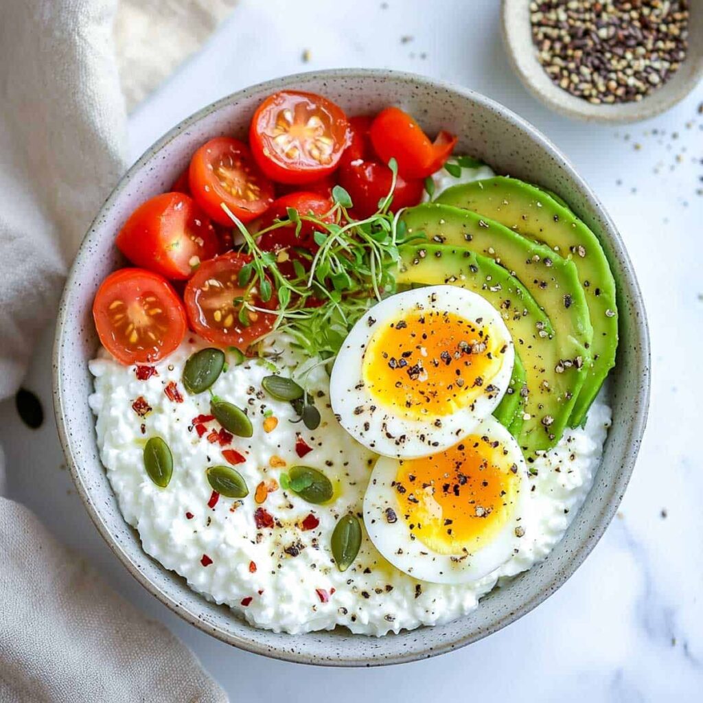 An overhead shot of a savory cottage cheese bowl topped with a sliced soft-boiled egg, fanned avocado, and halved cherry tomatoes.