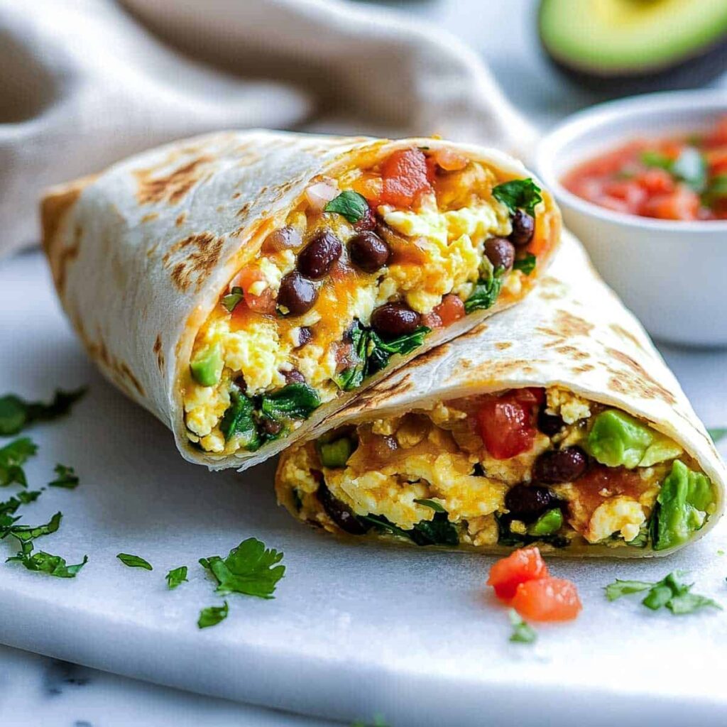 A close-up of a breakfast burrito cut in half and stacked, revealing a filling of scrambled eggs, black beans, and spinach, with a bowl of salsa and an avocado nearby.