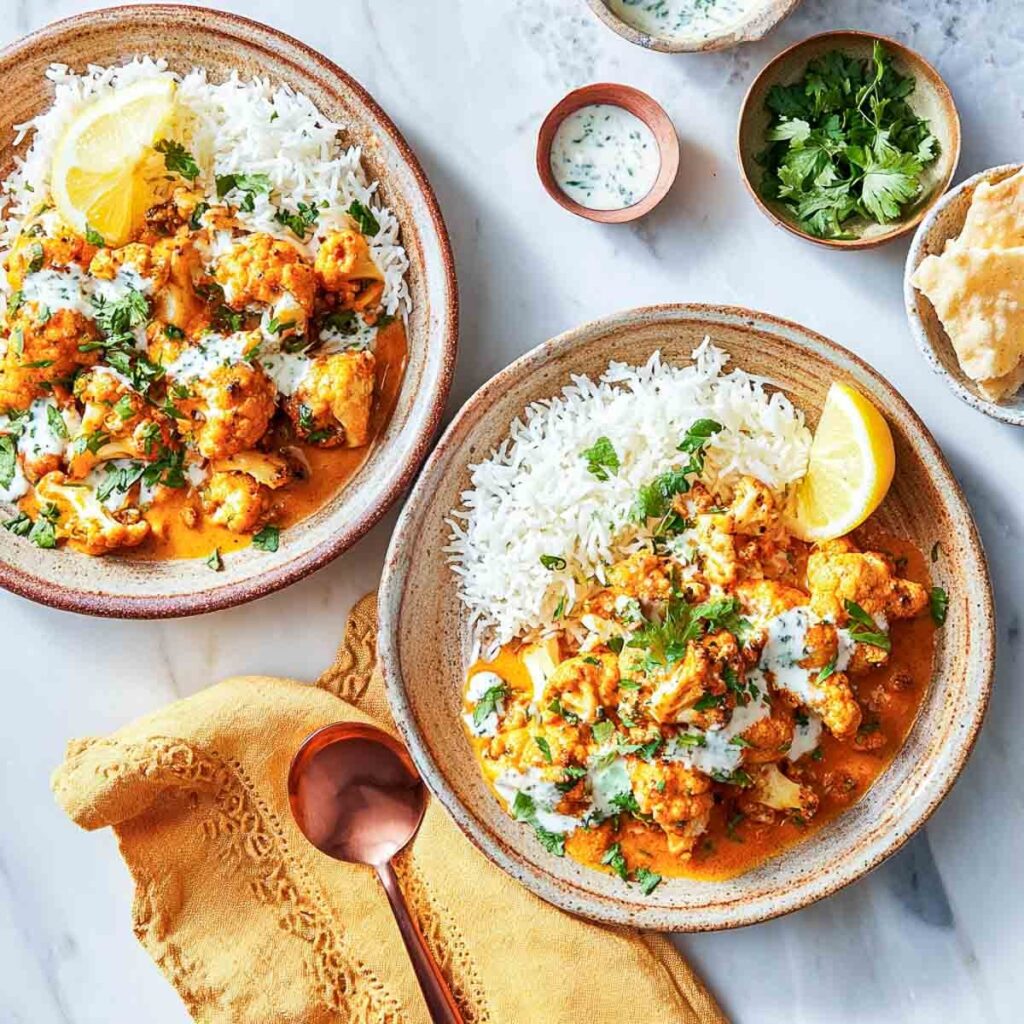 An overhead shot of two rustic bowls of cauliflower curry served with basmati rice, drizzled with a creamy herb sauce, and garnished with fresh cilantro and a lemon wedge.