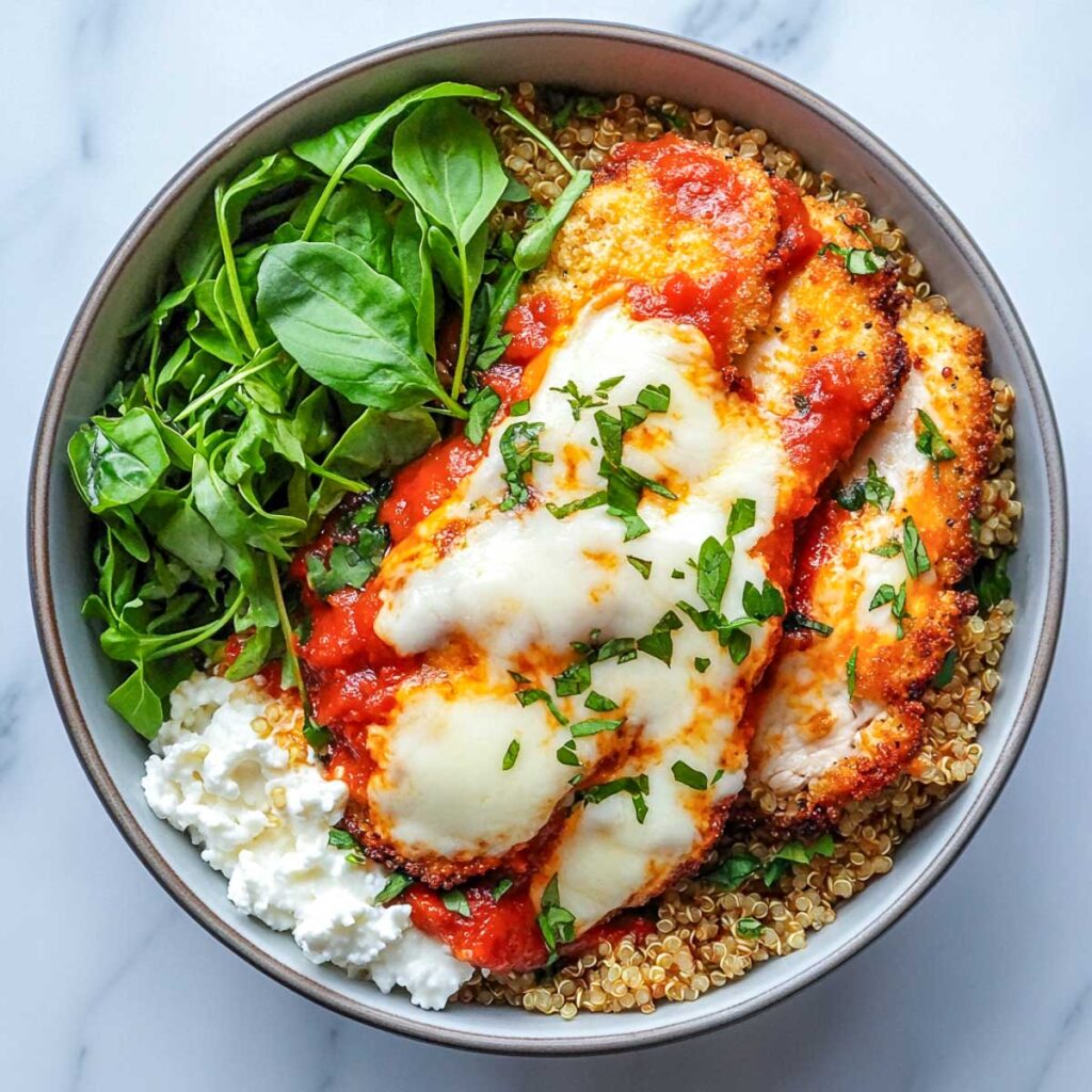 Parmesan chicken and cottage cheese bowl with quinoa base.
