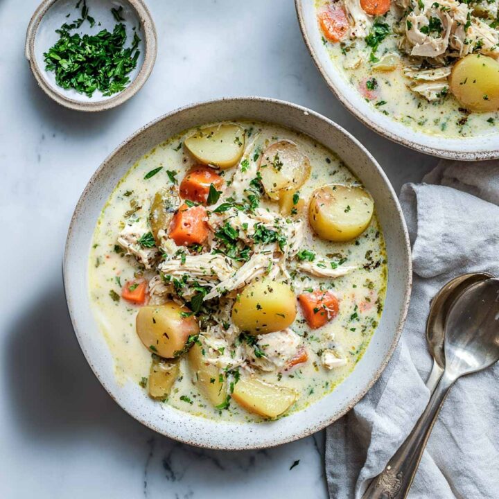 An overhead view of a creamy chicken and vegetable stew (likely made high-protein with cottage cheese) in a ceramic bowl, filled with shredded chicken, whole baby potatoes, and chopped carrots, garnished generously with fresh chopped parsley. Two spoons and a small bowl of herbs are visible on the marble surface.