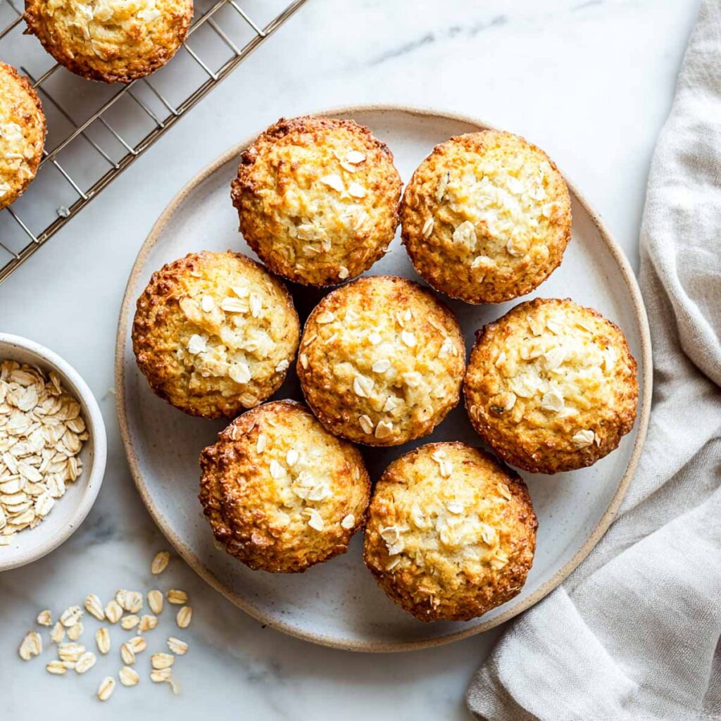 An overhead shot of oatmeal muffins on a rustic plate, with a wire cooling rack and a small bowl of oats to the side.