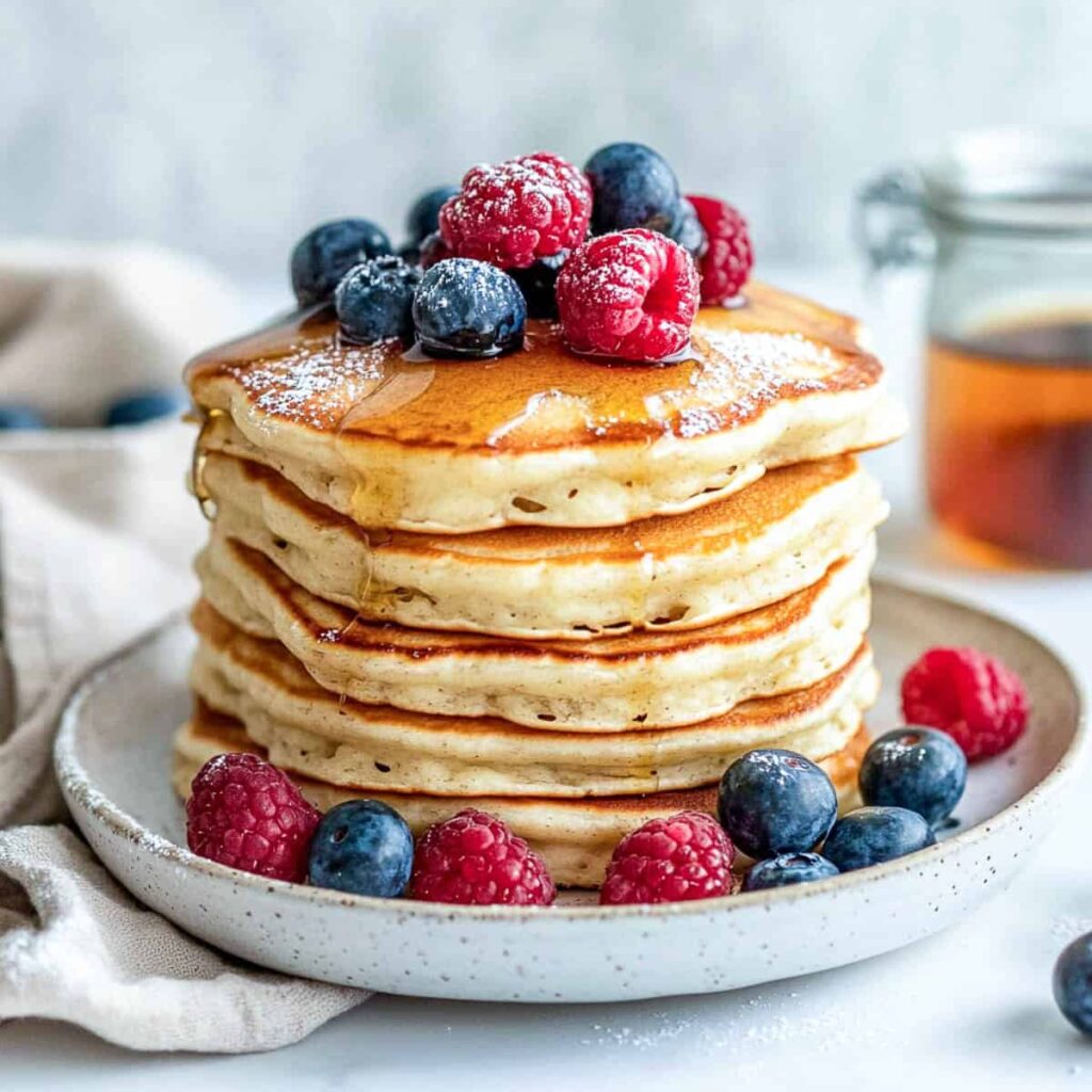 A close-up of a tall stack of fluffy pancakes, generously topped with fresh blueberries and raspberries, drizzled with syrup, and dusted with powdered sugar.