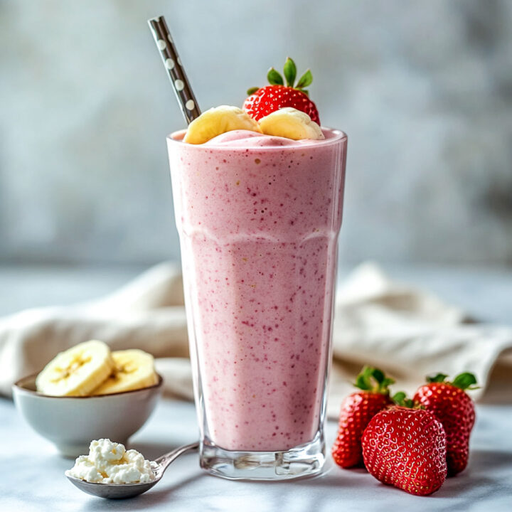A glass of strawberry cottage cheese smoothie.