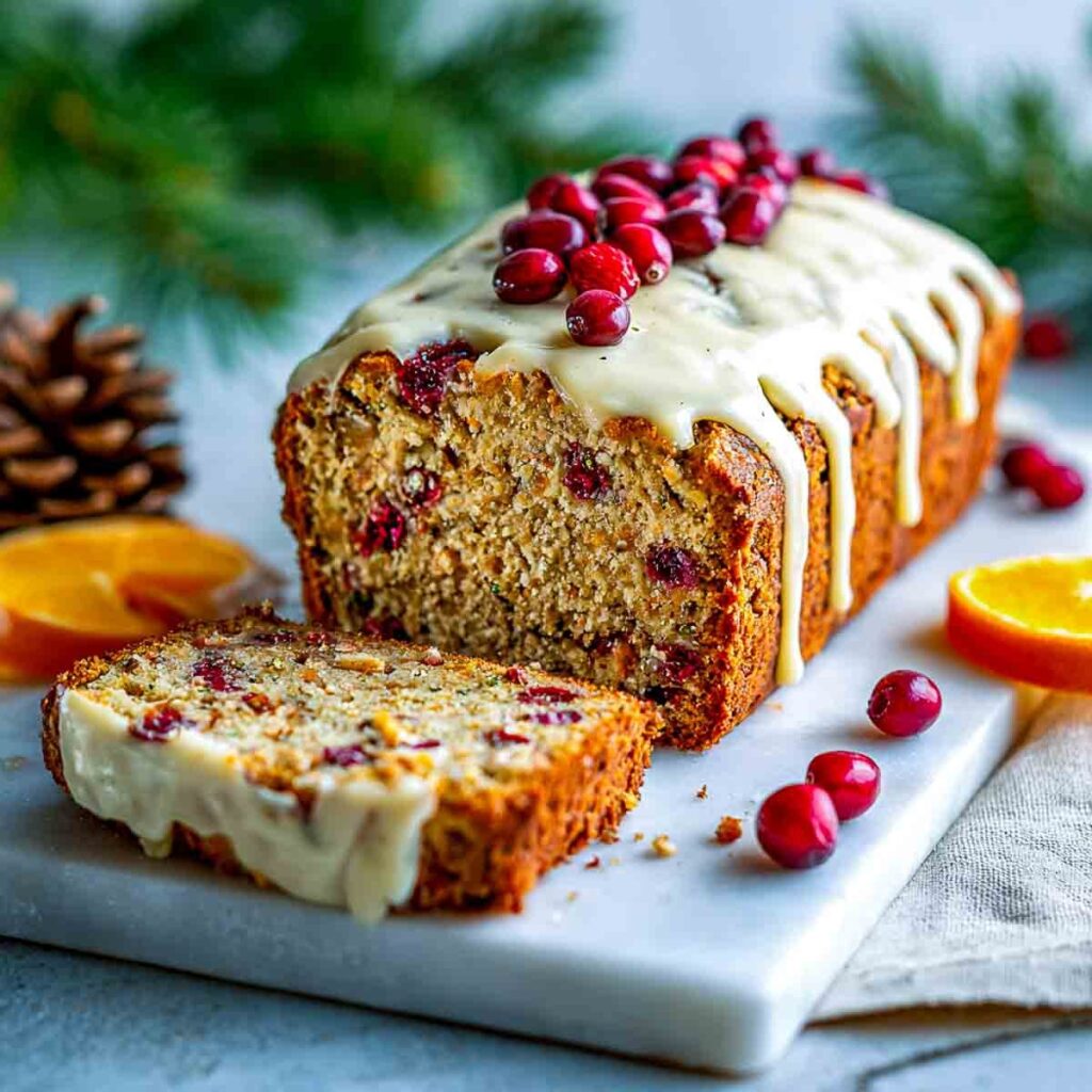 A cranberry orange oatmeal loaf with a white glaze and fresh cranberries on top, with one slice cut and displayed in front on a marble board.