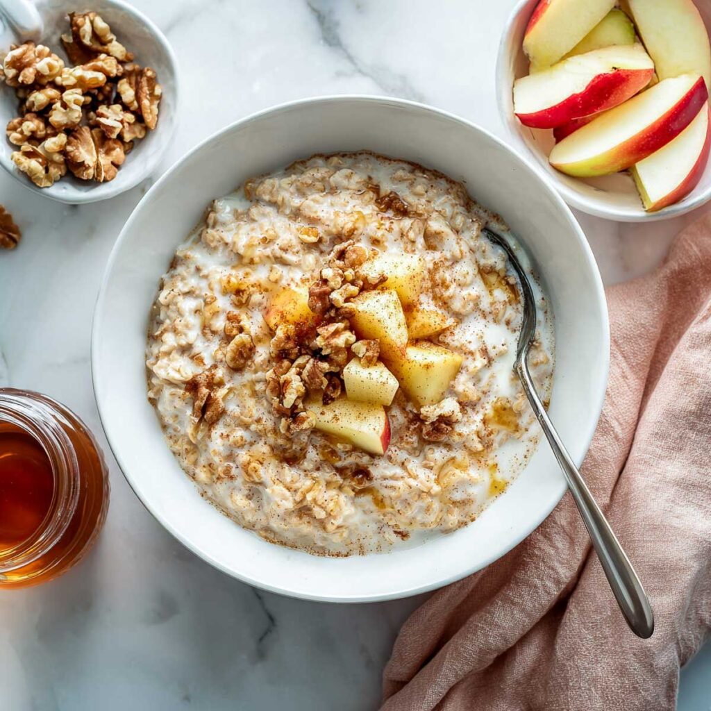 An overhead view of a bowl of oatmeal topped with diced apples, walnuts, and cinnamon, surrounded by small bowls of the toppings and a jar of honey.