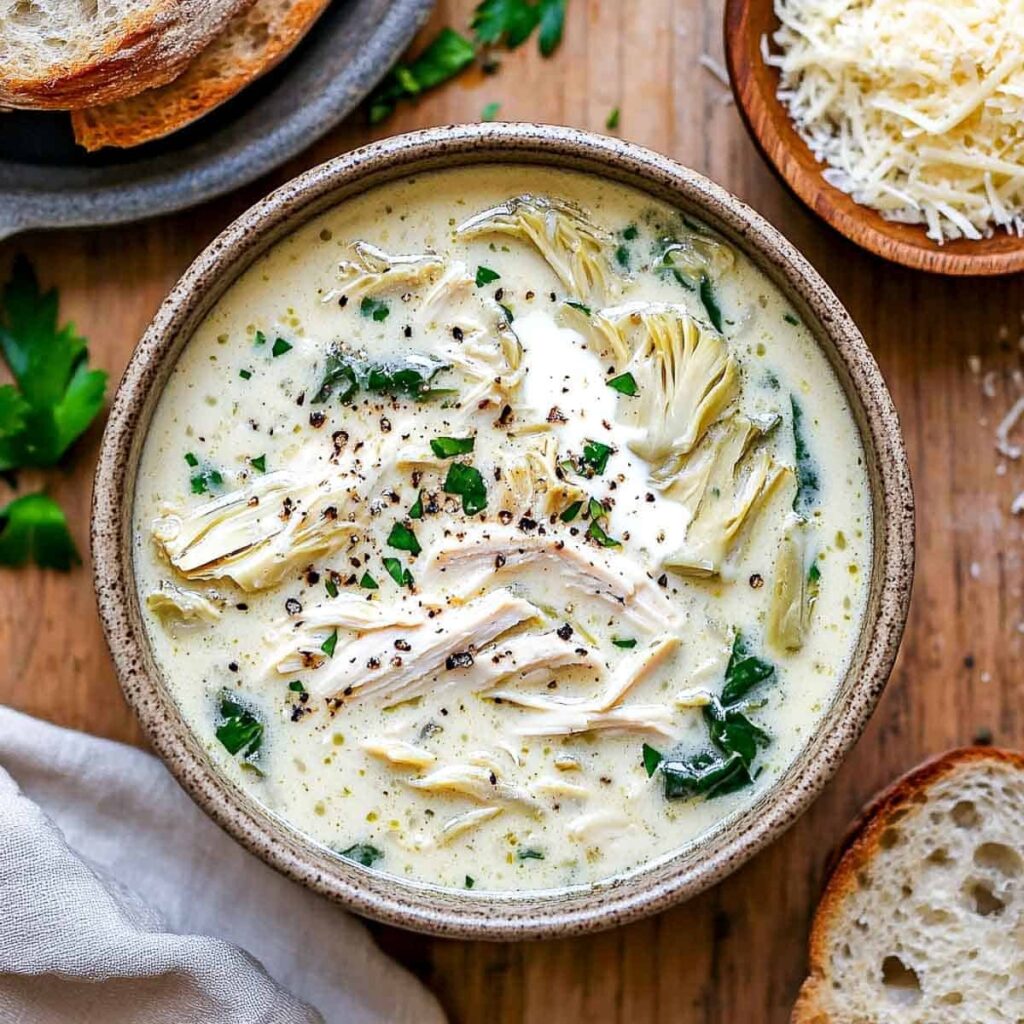 An overhead shot of a rustic bowl of creamy spinach artichoke and chicken soup, topped with black pepper and served with a side of crusty bread and shredded cheese.