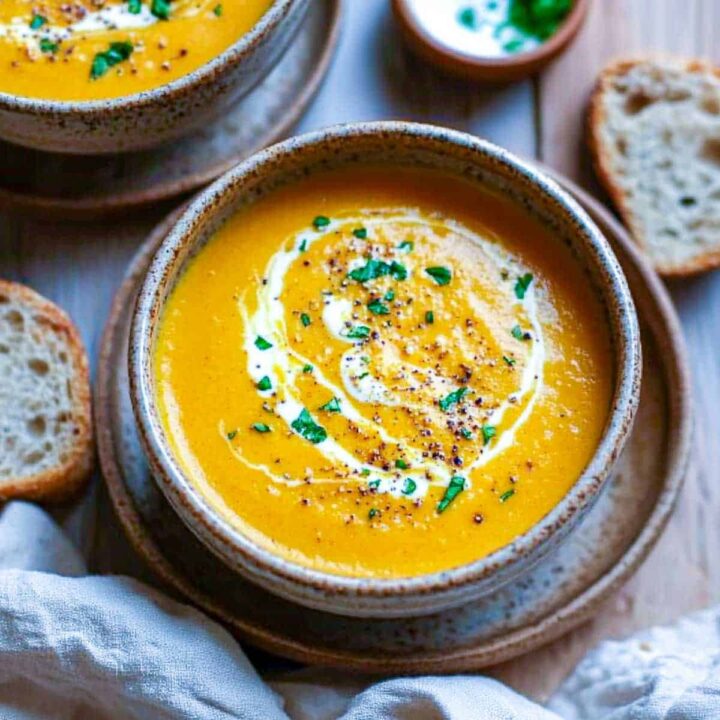 An overhead view of a bowl of vibrant orange creamy carrot ginger soup, garnished with a swirl of cream, cracked black pepper, and chopped parsley. Slices of crusty bread are served alongside the bowl on a wooden surface.
