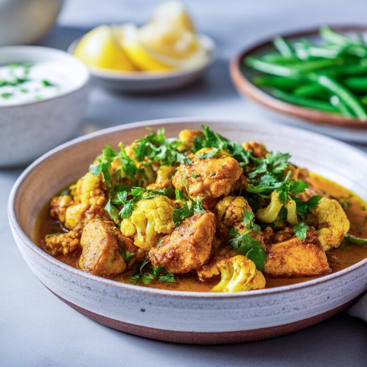 A close-up of a rustic bowl filled with chicken and cauliflower curry, generously topped with fresh cilantro, with lemon wedges and a side of green beans in the background.