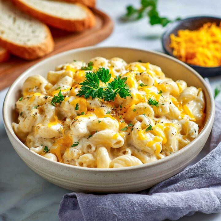 A bowl of creamy macaroni and cheese (mac and cheese), likely made with cottage cheese, topped with melted shredded cheddar cheese, cracked black pepper, and a sprig of fresh parsley. Slices of toasted bread and a bowl of shredded cheese are visible in the background.