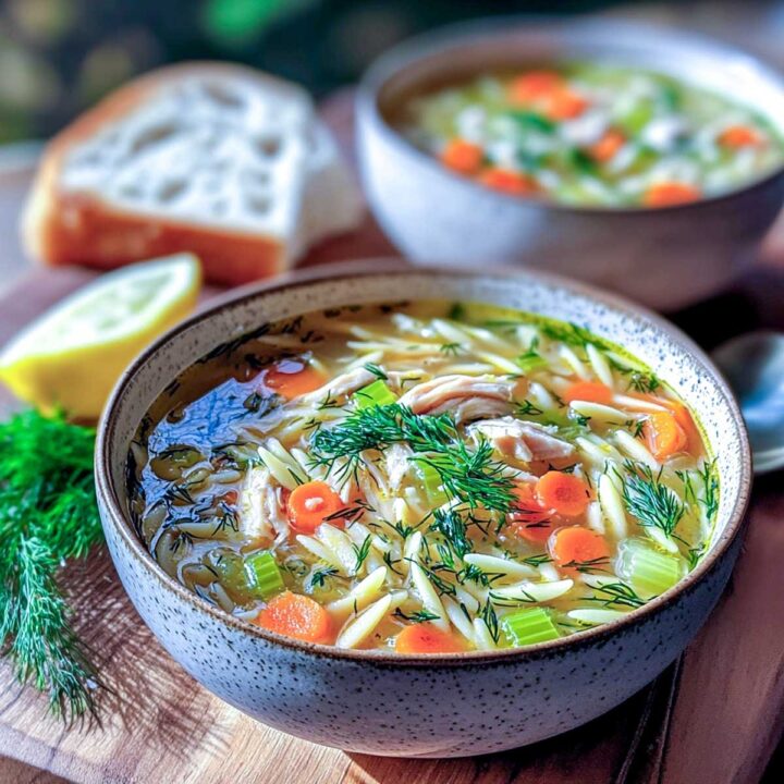 A bowl of lemon chicken and orzo soup, featuring a clear broth filled with shredded chicken, orzo pasta, sliced carrots, and celery, garnished with fresh dill. It is served on a wooden board with a lemon wedge and a slice of bread.