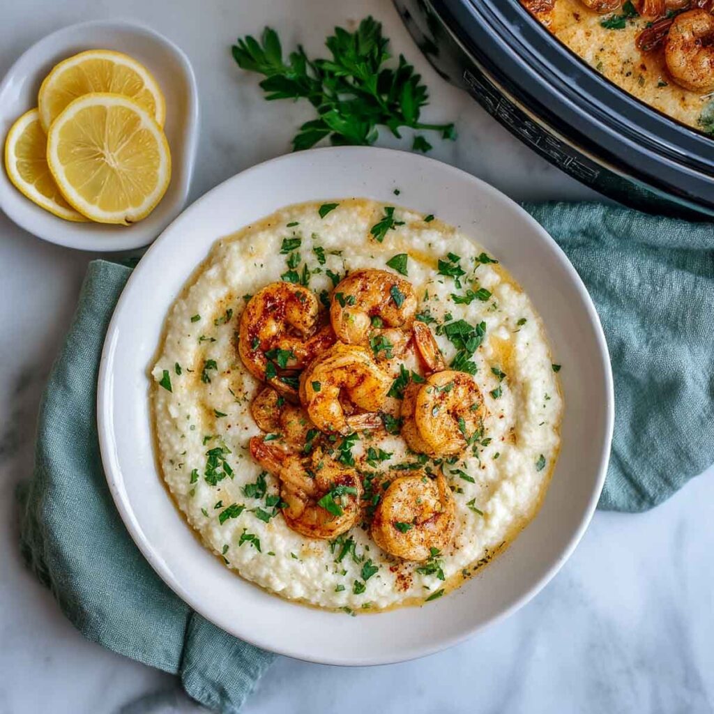 An overhead shot of a white bowl of creamy cauliflower grits topped with seasoned shrimp and sprinkled with fresh parsley, with a slow cooker in the background.
