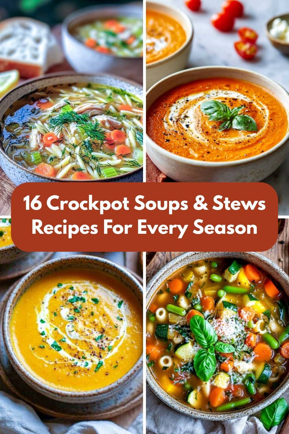 A four-image collage of crockpot soups and stews.